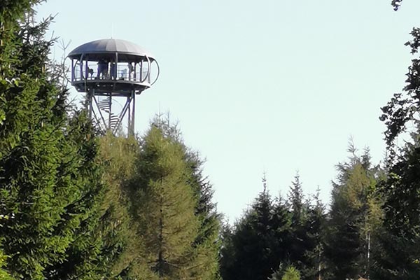 Stalowo-drewniana wieża widokowa na łagodnym szczycie Jagodnej w Górach Bystrzyckich